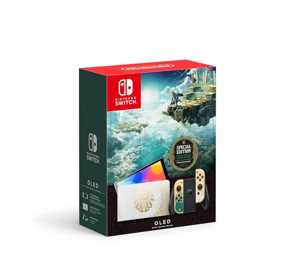 The Legend of Zelda Tears of the Kingdom Nintendo Switch OLED featuring themed gold and green design with vibrant display box set