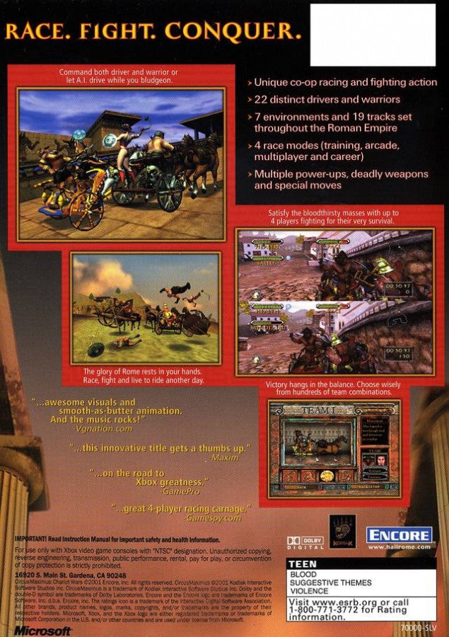 Circus Maximus: Chariot Wars back cover art for Xbox (XBOX) video game