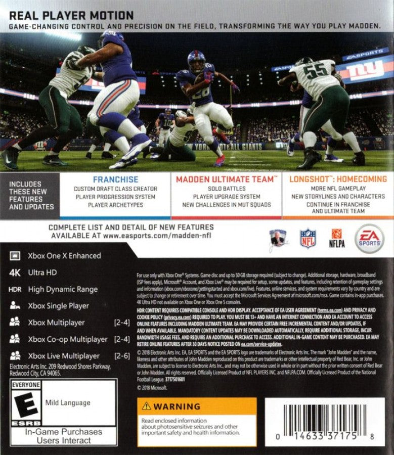 Madden NFL 19 Hall of Fame Edition back of case for Xbox One (XONE) sports football video game