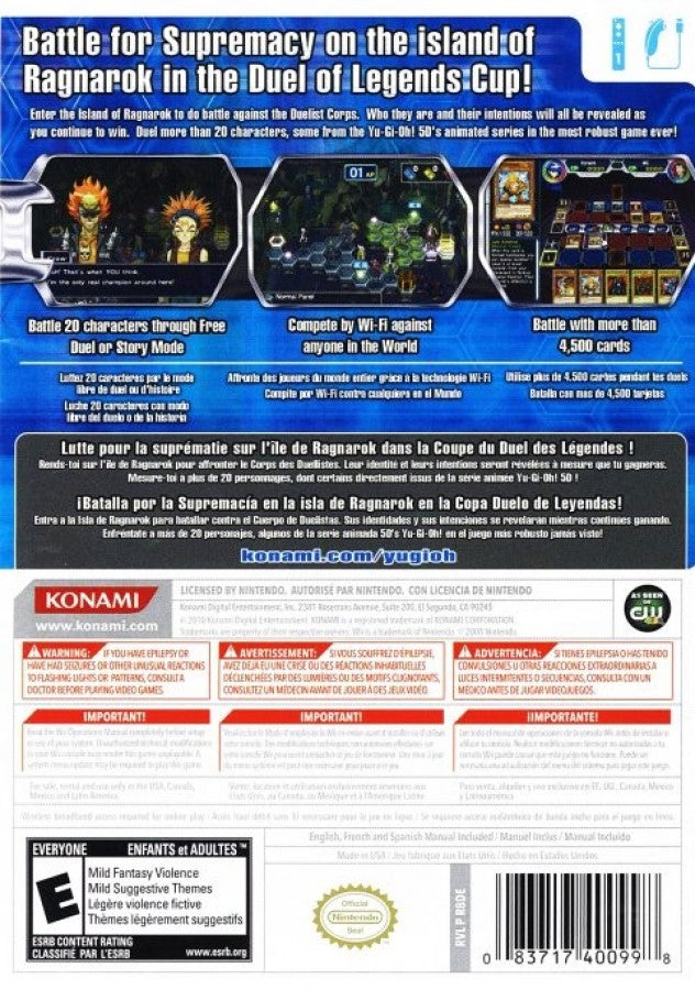 Yu-Gi-Oh! 5D’s: Duel Transer back cover art for Nintendo Wii (Wii) featuring strategic card battles with over 4,500 cards, iconic duelists from the 5D’s series, and immersive tournament gameplay.