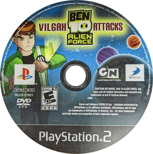 Ben 10: Alien Force: Vilgax Attacks for PlayStation 2 (PS2) featuring an action adventure where you transform into multiple Alien Force aliens to fight across different worlds; use combo combat special abilities and upgrades while taking on Vilgax in a story inspired by the series disc
