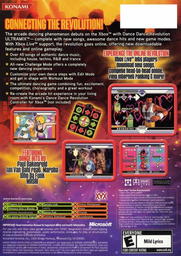 back cover art for Dance Dance Revolution on Xbox with colorful graphics and text.