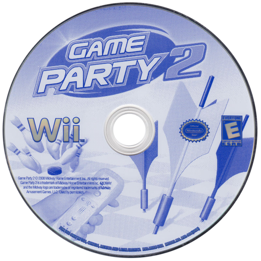 Game Party 2 game for the Nintendo Wii featuring party style mini games including darts hoop shoot horseshoes and bean bag toss with motion controls multiplayer modes and a variety of casual arcade and backyard style activities for up to four players
disc