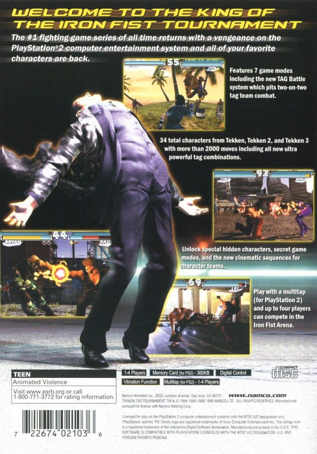 Tekken Tag Tournament Greatest Hits PlayStation 2 PS2 video game featuring classic fighting gameplay tag team battles iconic Tekken characters martial arts combat arcade action competitive gameplay and character switching PlayStation 2 retro video game collection collectible gaming appeal back cover art