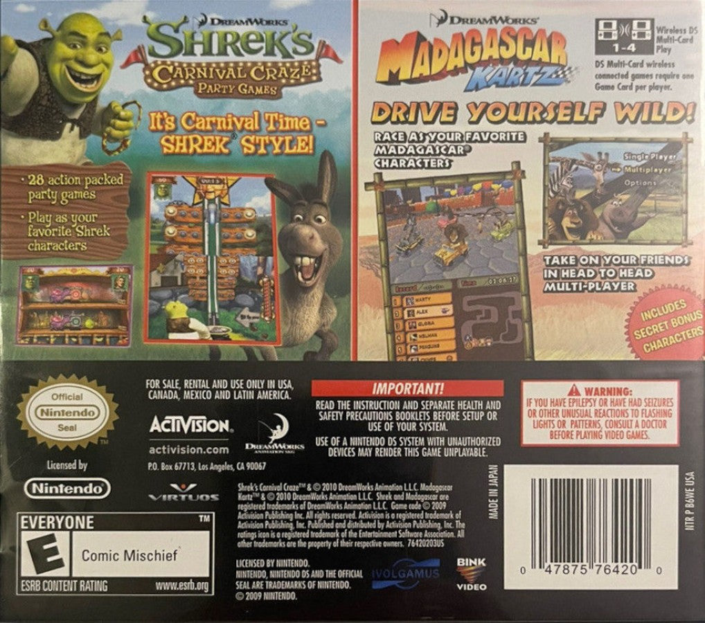 Shrek's Carnival Craze & Madagascar Kartz back of case for Nintendo DS (DS) party mini-game and kart racing video game bundle