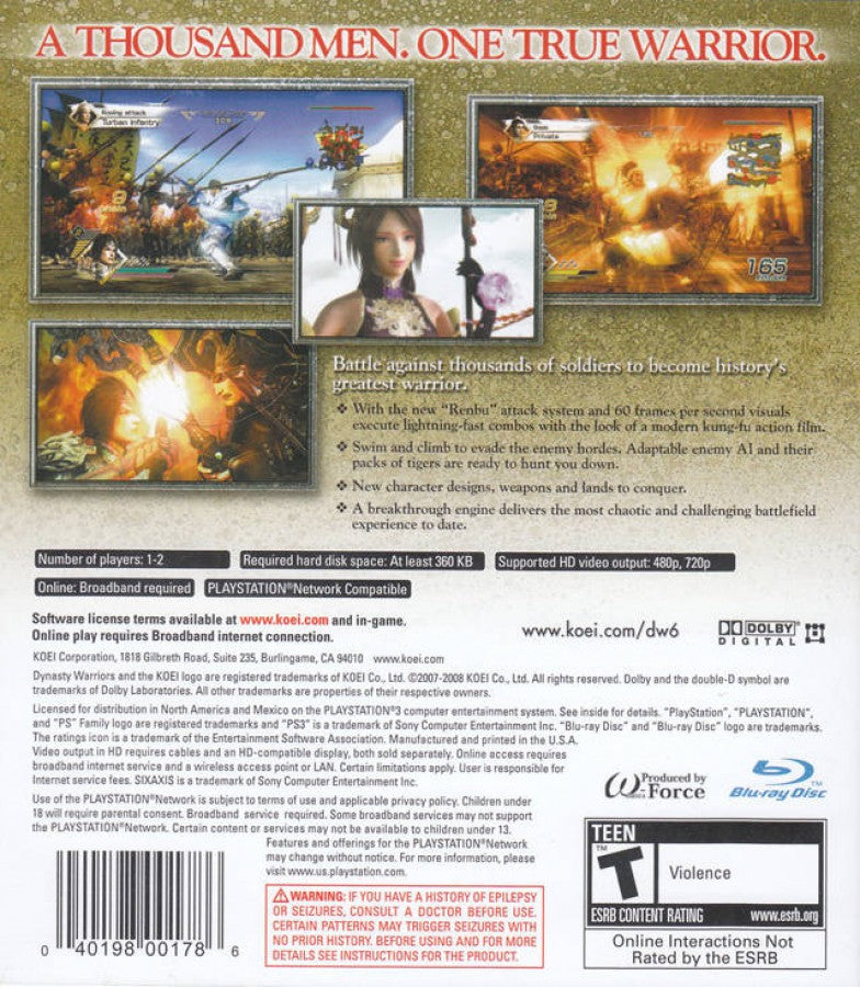 Dynasty Warriors 6 PlayStation 3 PS3 for retro video game enthusiasts featuring hack and slash action gameplay massive battlefield combat historical Three Kingdoms setting playable warriors strategic objectives fast paced battles and collectible gaming appeal back art