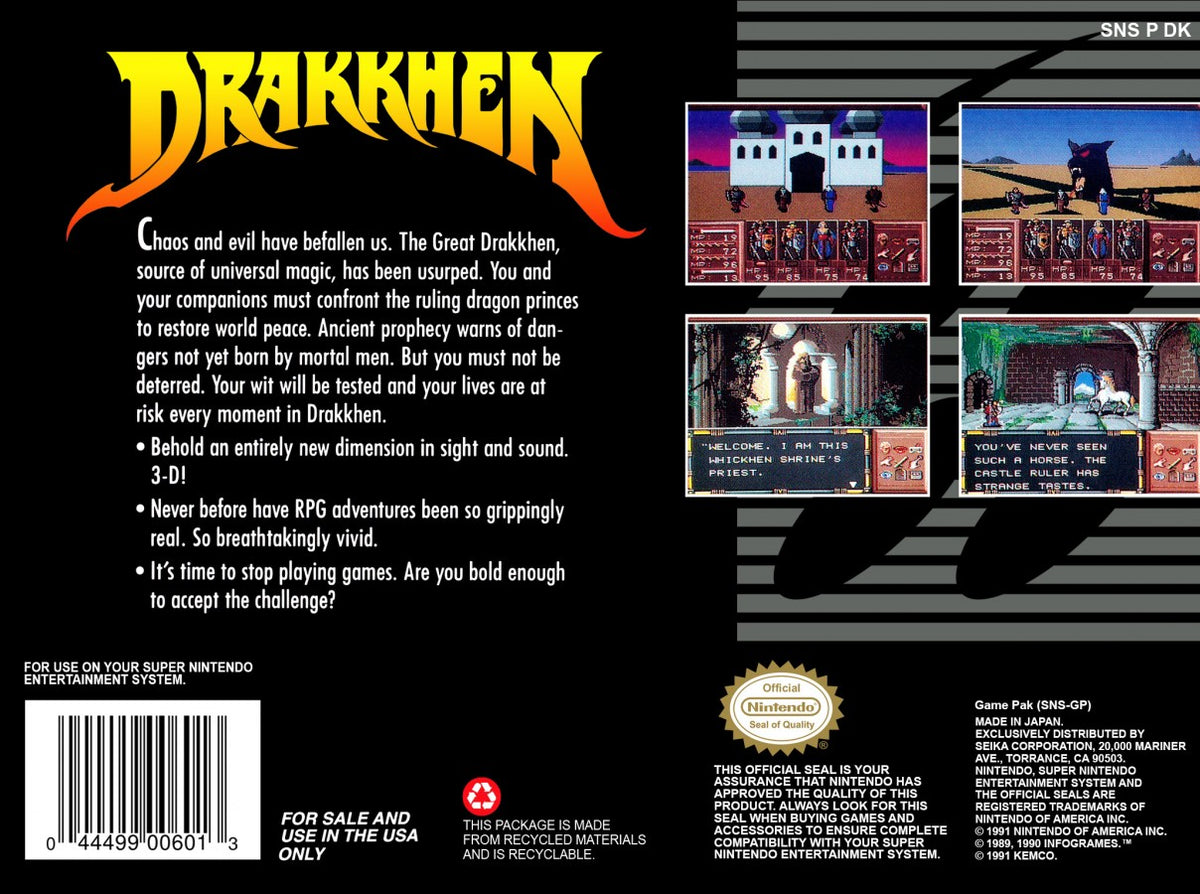 Drakkhen Super Nintendo Entertainment System SNES video game featuring fantasy role playing gameplay dragon battles open world exploration character customization magic spells dungeon exploration and challenging enemy encounters classic 16 bit Nintendo gameplay retro video game collection collectible gaming appeal back cover art