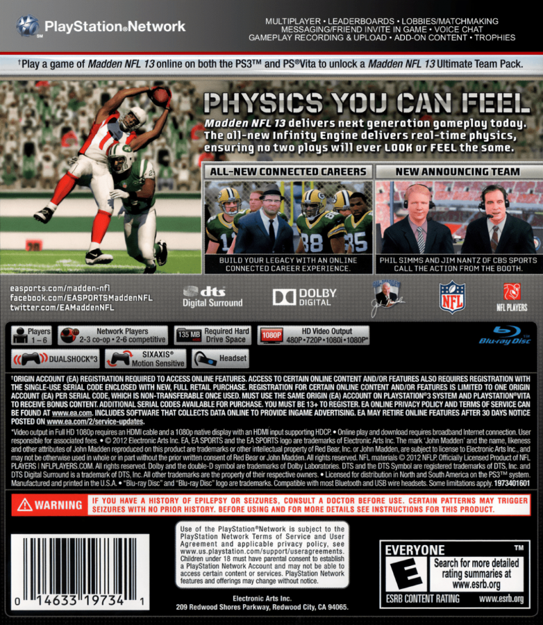 Madden NFL 13 back cover art for PlayStation 3 (PS3) video game