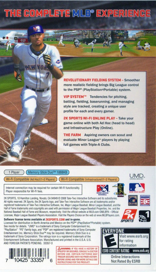 Major League Baseball 2K8 back of case for PlayStation Portable (PSP) baseball sports video game