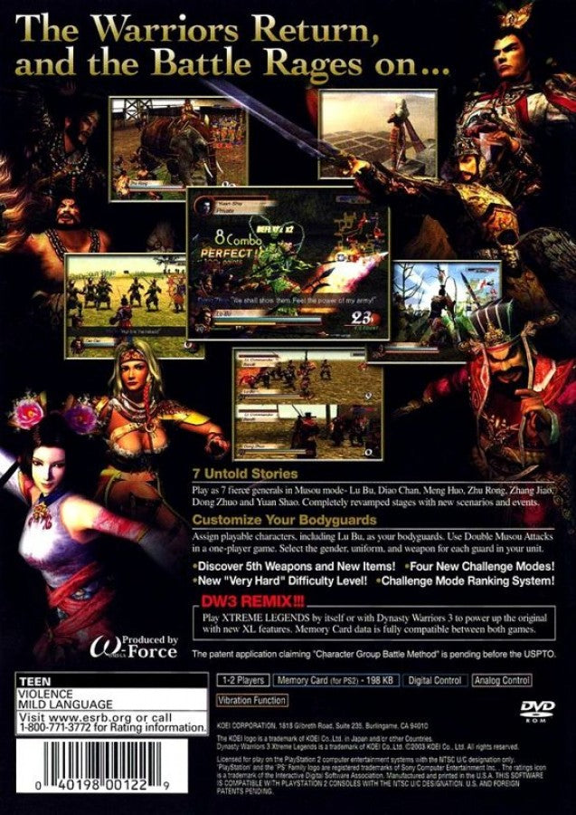 Dynasty Warriors 3: Xtreme Legends back of case for PlayStation 2 (PS2) historical action hack-and-slash expansion video game