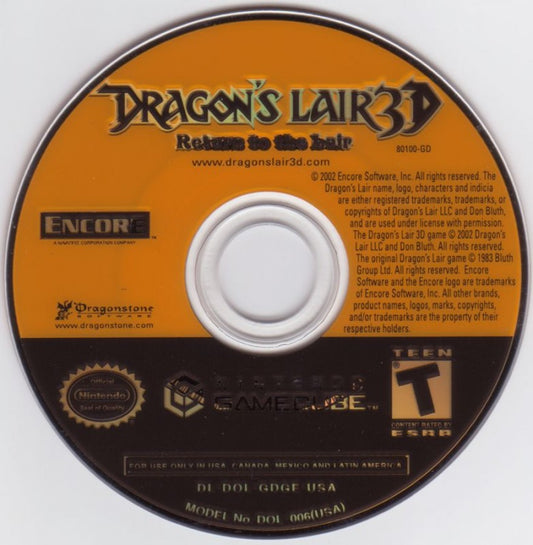 Dragon's Lair 3D: Return to the Lair disc for GameCube (GC) action-adventure video game