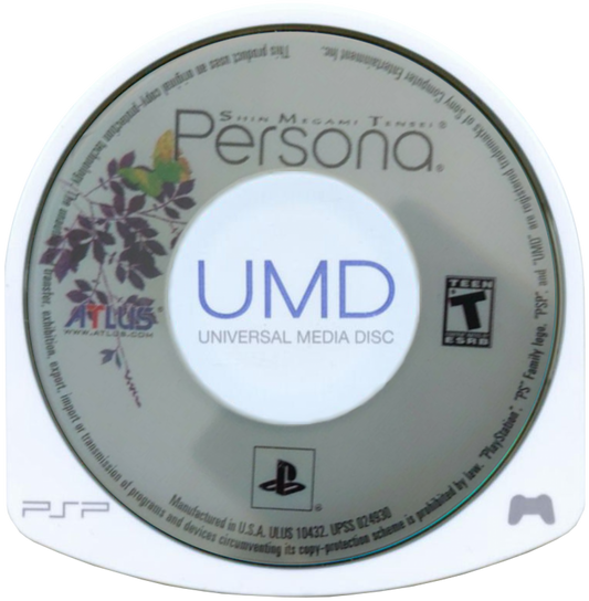 Shin Megami Tensei: Persona cartridge for the PlayStation Portable featuring turn based RPG gameplay with social simulation elements demon summoning and strategic battles in a modern Japanese high school setting umd