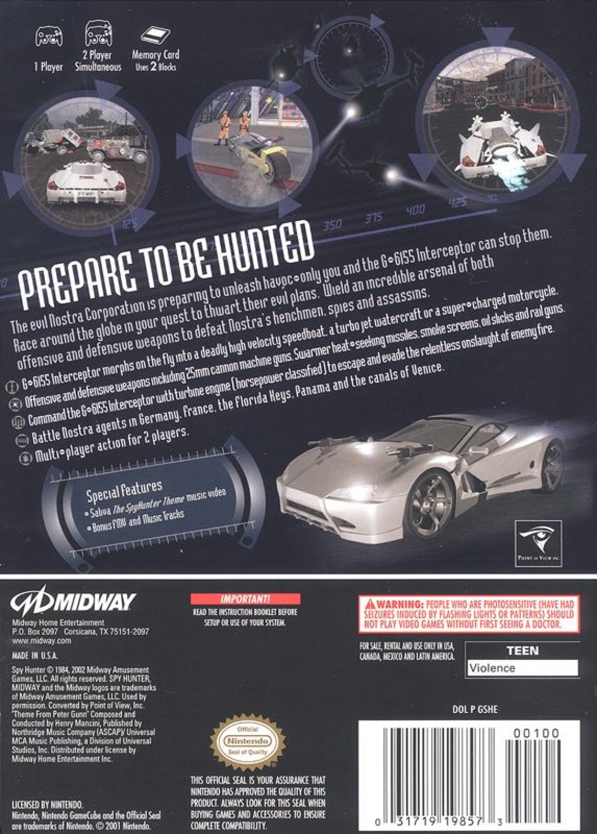 Spy Hunter for Nintendo GameCube vehicular combat action game featuring high speed driving weapons upgrades mission based gameplay arcade style espionage theme back cover