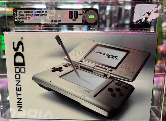 Front view of a sealed, VGA-graded Nintendo DS system encased in a clear acrylic display box with visible grading label.