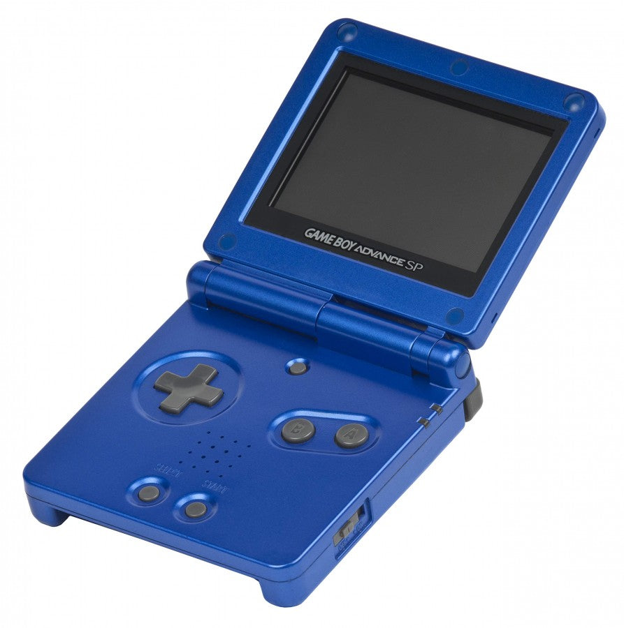 Cobalt Blue Game Boy Advance SP handheld console featuring compact flip design and retro gaming style open with buttons and screen on display