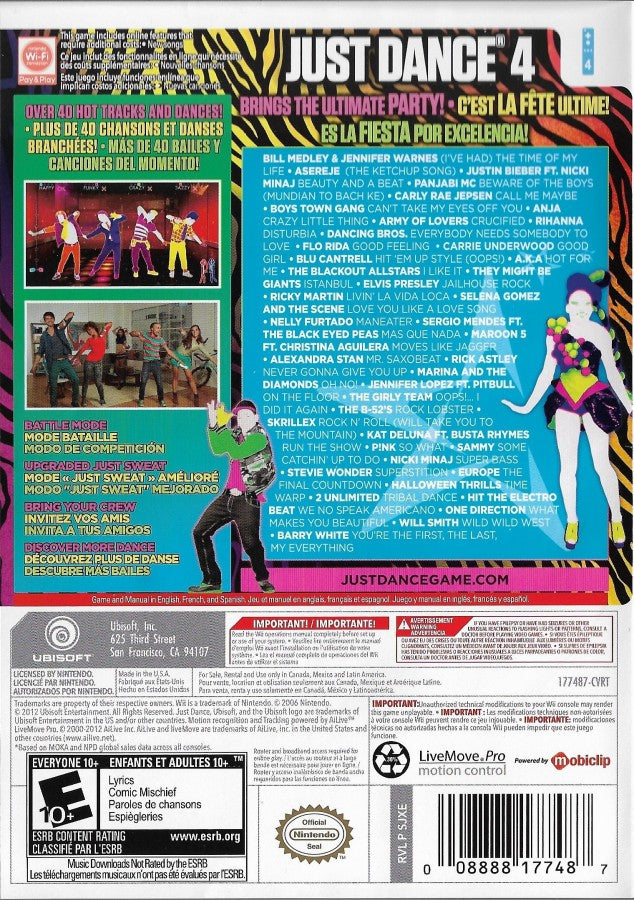 Just Dance 4 back cover art for Nintendo Wii (Wii) video game