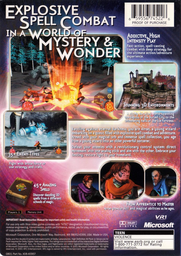 Nightcaster Defeat the Darkness Xbox game featuring action RPG gameplay, spellcasting combat, and dark fantasy dungeon exploration back cover art