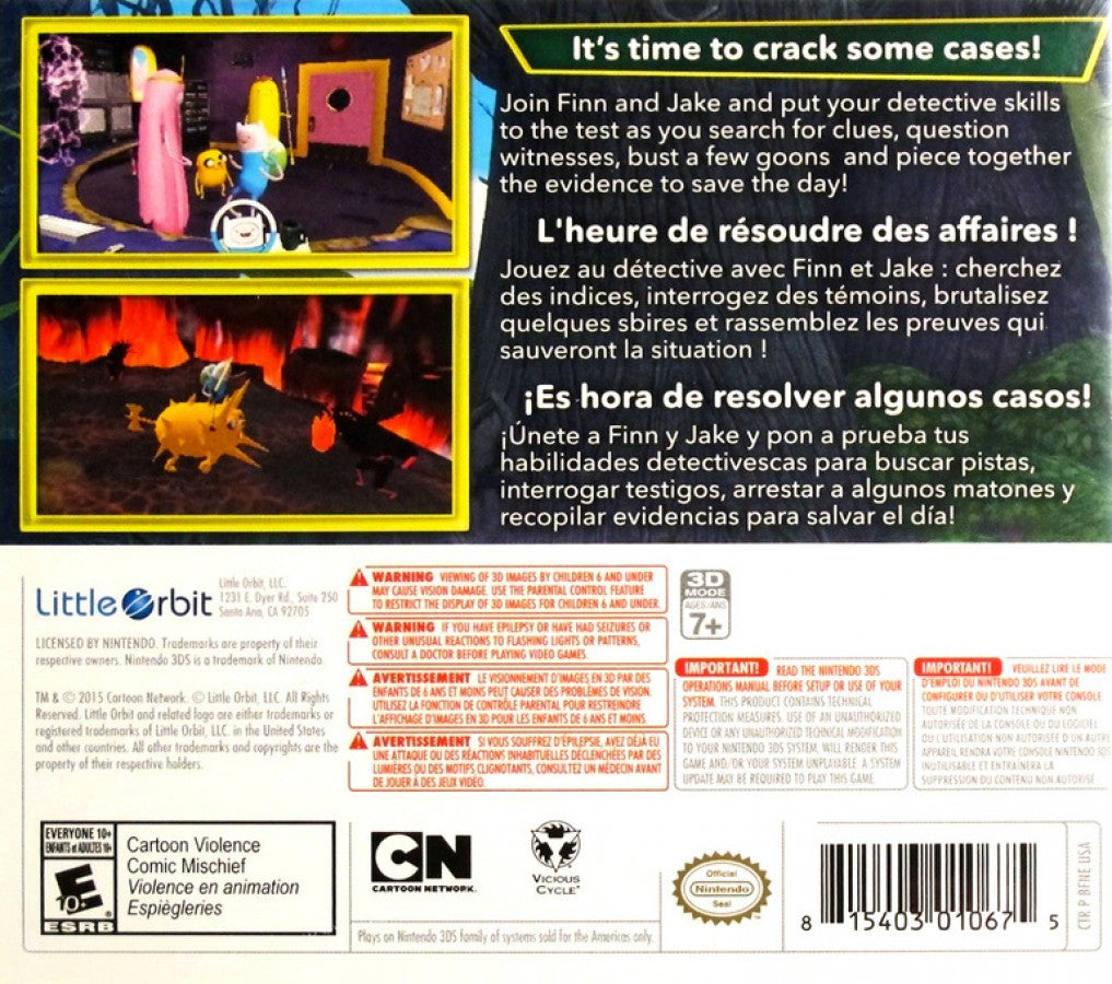 Adventure Time Finn and Jake Investigations Nintendo 3DS action-adventure game Land of Ooo mystery solving gameplay back cover art