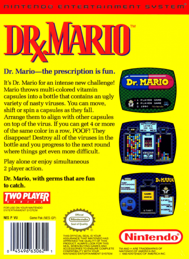 Dr. Mario back of box for Nintendo Entertainment System (NES) retro video game