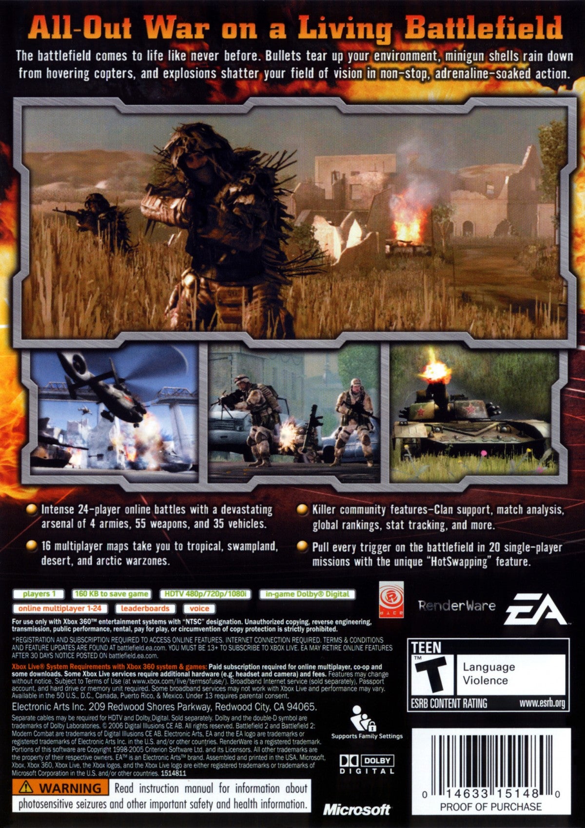 Battlefield 2 Modern Combat Xbox 360 inspired design featuring modern military first person shooter aesthetic large scale battlefield warfare tactical combat vehicles intense firefights squad based action cinematic war gameplay nostalgic HD era presentation back cover