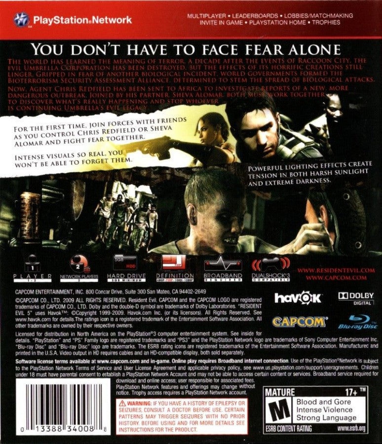 Resident Evil 5 Greatest Hits PlayStation 3 PS3 for survival horror video game fans featuring third person action gameplay intense zombie battles cooperative multiplayer missions weapon upgrades cinematic storytelling bioterrorism adventure classic Capcom horror experience collectible gaming appeal back cover