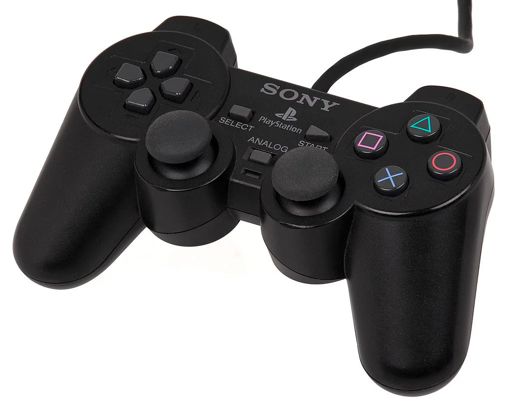 Official Sony DualShock 2 wired controller for PlayStation 2 featuring analog sticks, directional pad, four action buttons, and dual shoulder buttons