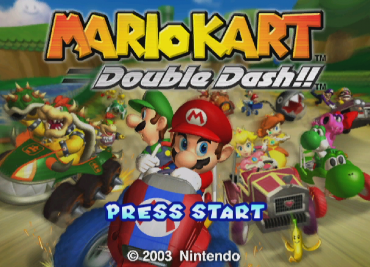 Mario Kart: Double Dash!! start screen for GameCube (GC) kart racing video game