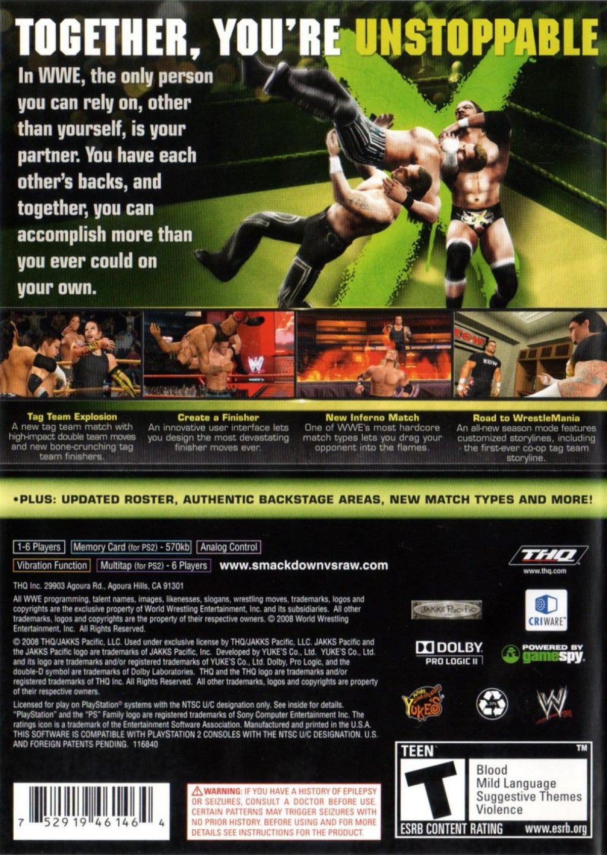 WWE SmackDown vs. Raw 2009 – PlayStation 2 (PS2) video game back of case, pro wrestling.