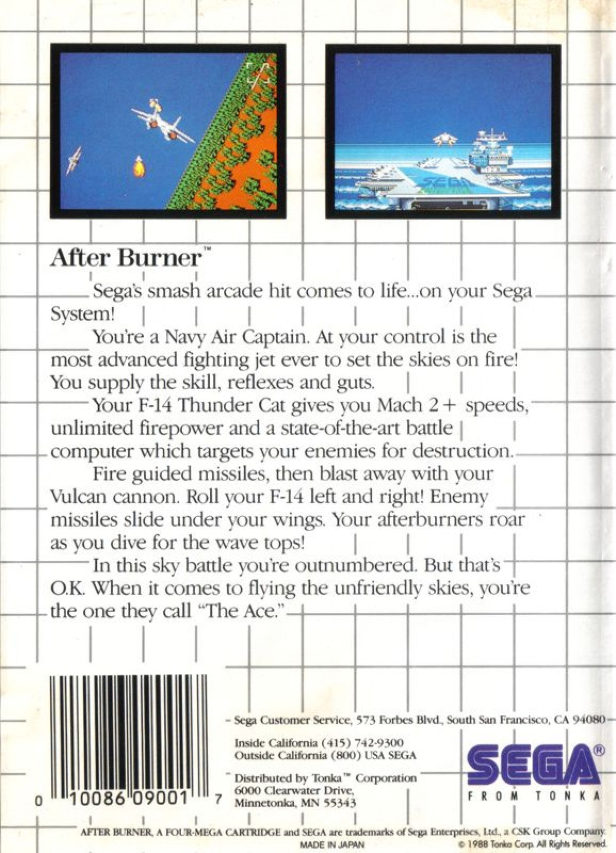 After Burner – Sega Master System (SMS) back of box for arcade-style flight combat video game
