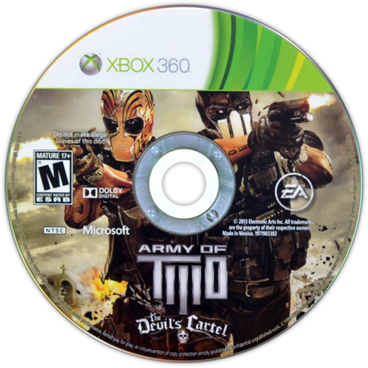 LocalID_67716Army of Two The Devil's Cartel Xbox 360 inspired design featuring cooperative third person shooter aesthetic intense cartel warfare tactical teamwork explosive firefights customizable weapons action packed missions cinematic military combat presentation disc