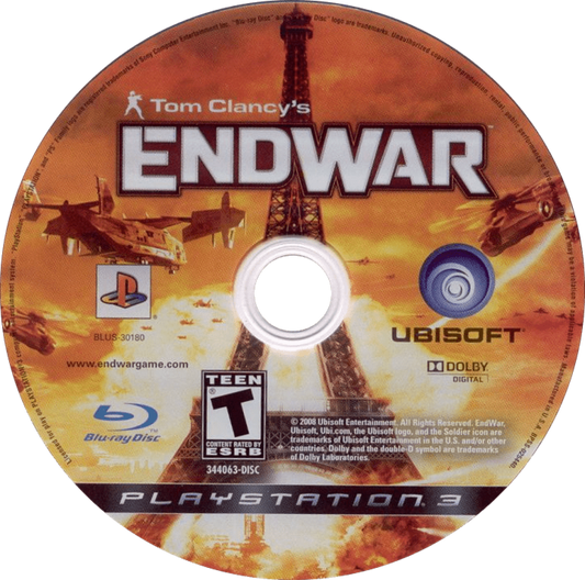 Tom Clancy’s EndWar PlayStation 3 PS3 video game, real-time strategy, modern military combat, voice-command tactical gameplay, console title disc