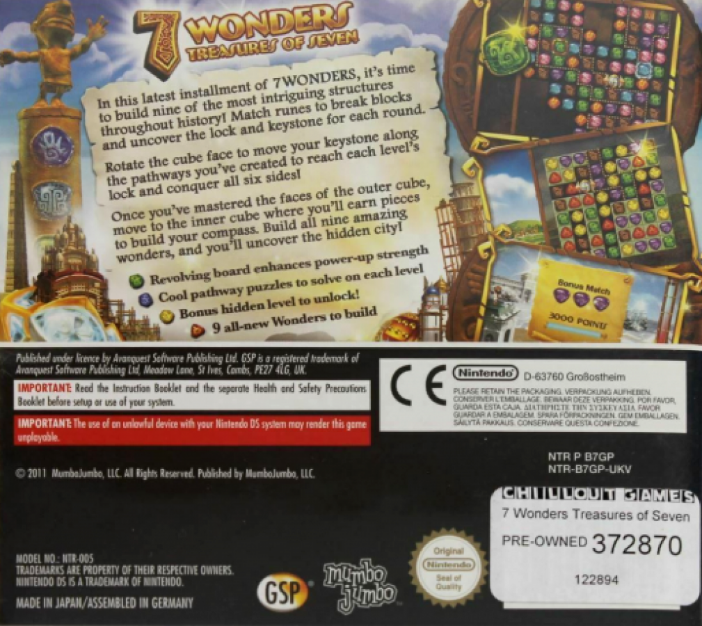7 Wonders: Treasure of the Seven back cover art for the Nintendo DS (DS) video game