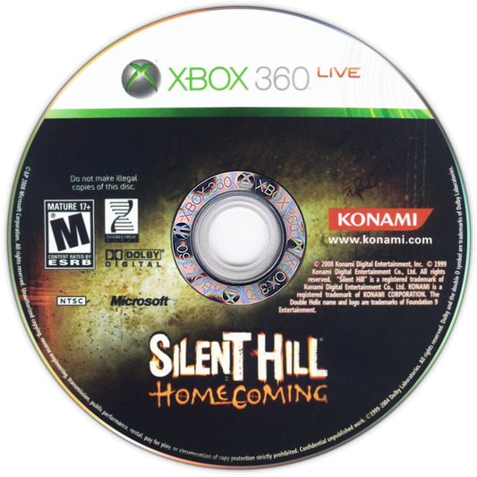 Retro Silent Hill Homecoming Xbox 360 inspired design featuring psychological survival horror aesthetic vintage HD era fog covered town disturbing creatures haunted atmosphere dark family secrets cinematic terror nostalgic Konami horror presentation disc