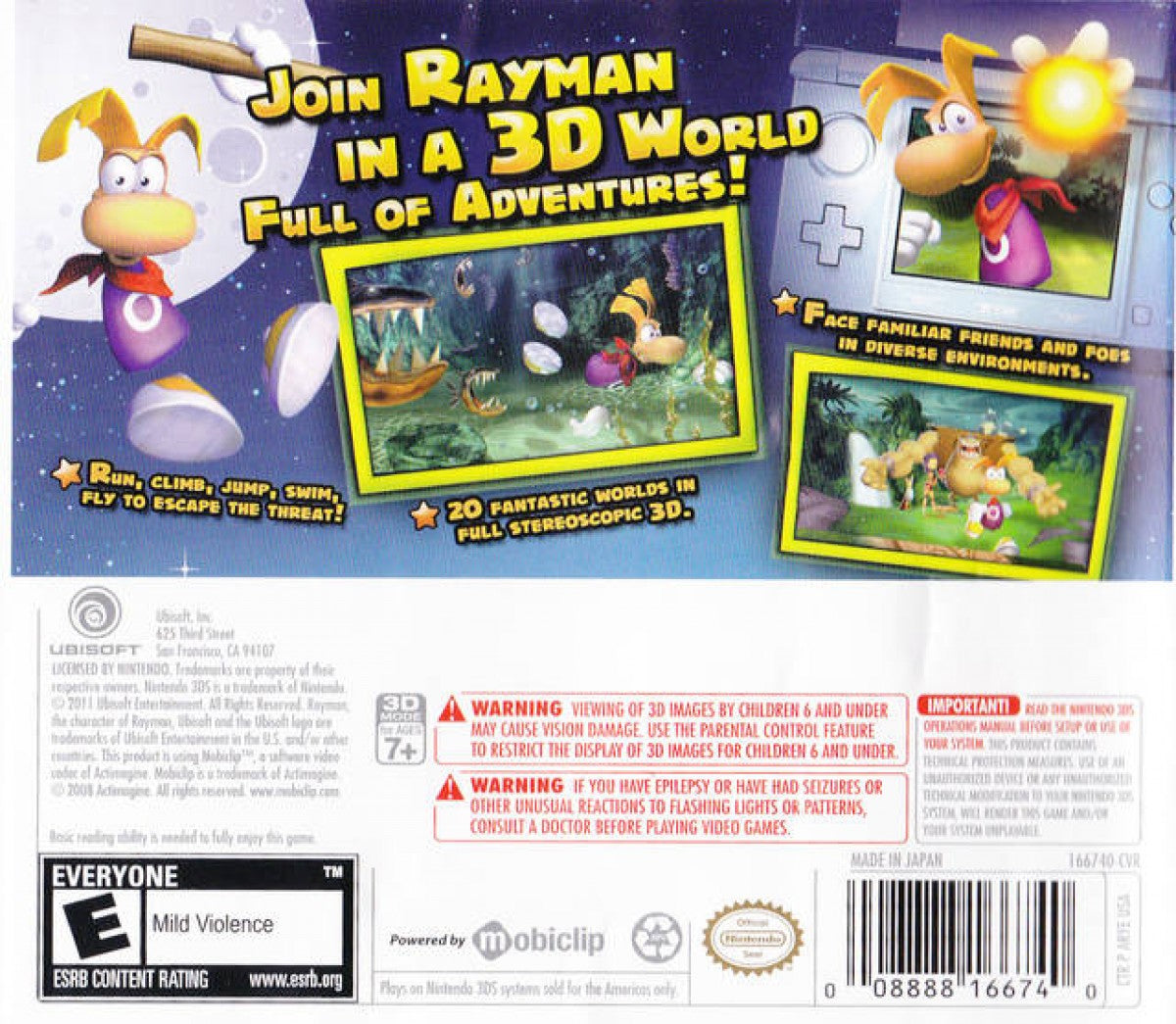 Rayman: Origins back cover art for Nintendo 3DS (3DS) video game