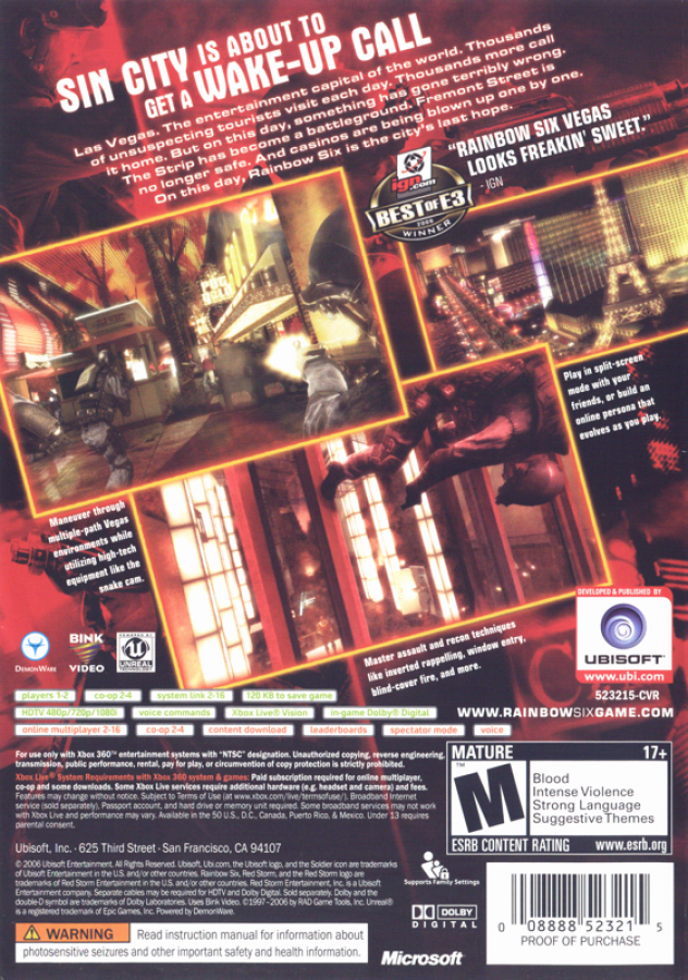 Tom Clancy's Rainbow Six: Vegas back of case for Xbox 360 (X360) tactical first-person shooter video game