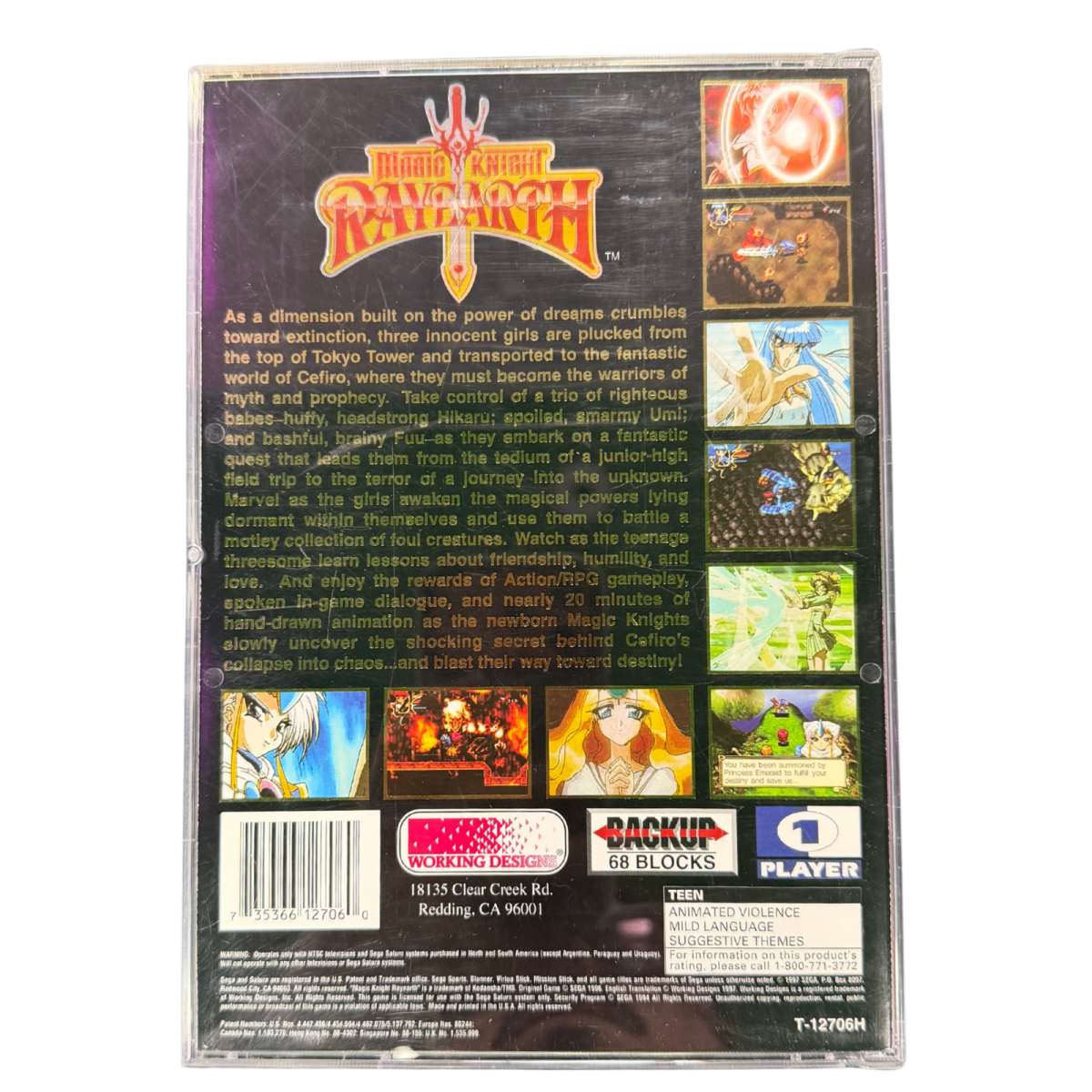 Magic Knight Rayearth Sega Saturn action RPG anime based fantasy adventure CLAMP storyline real time combat exploration magic attacks Working Designs localization colorful Japanese RPG retro gaming Sega Saturn software video game title back cover art