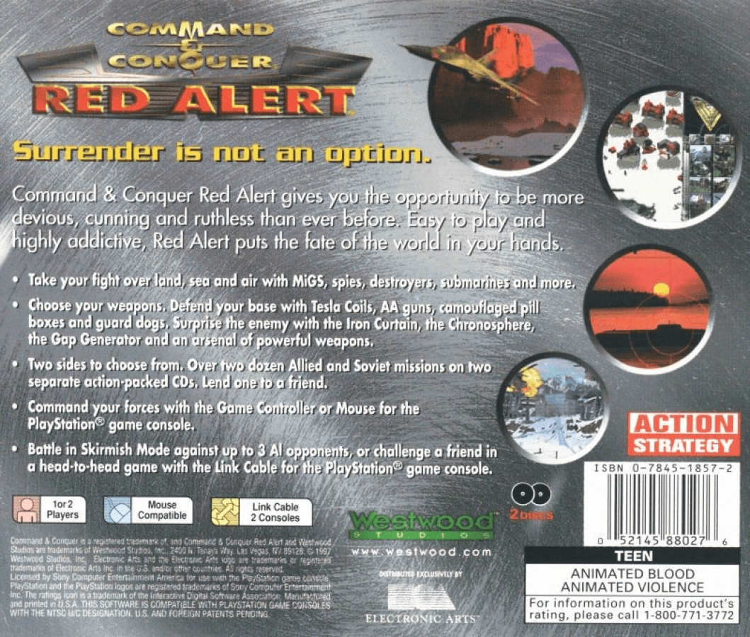 Command and Conquer Red Alert back of case for PlayStation 1 PS1 retro video game