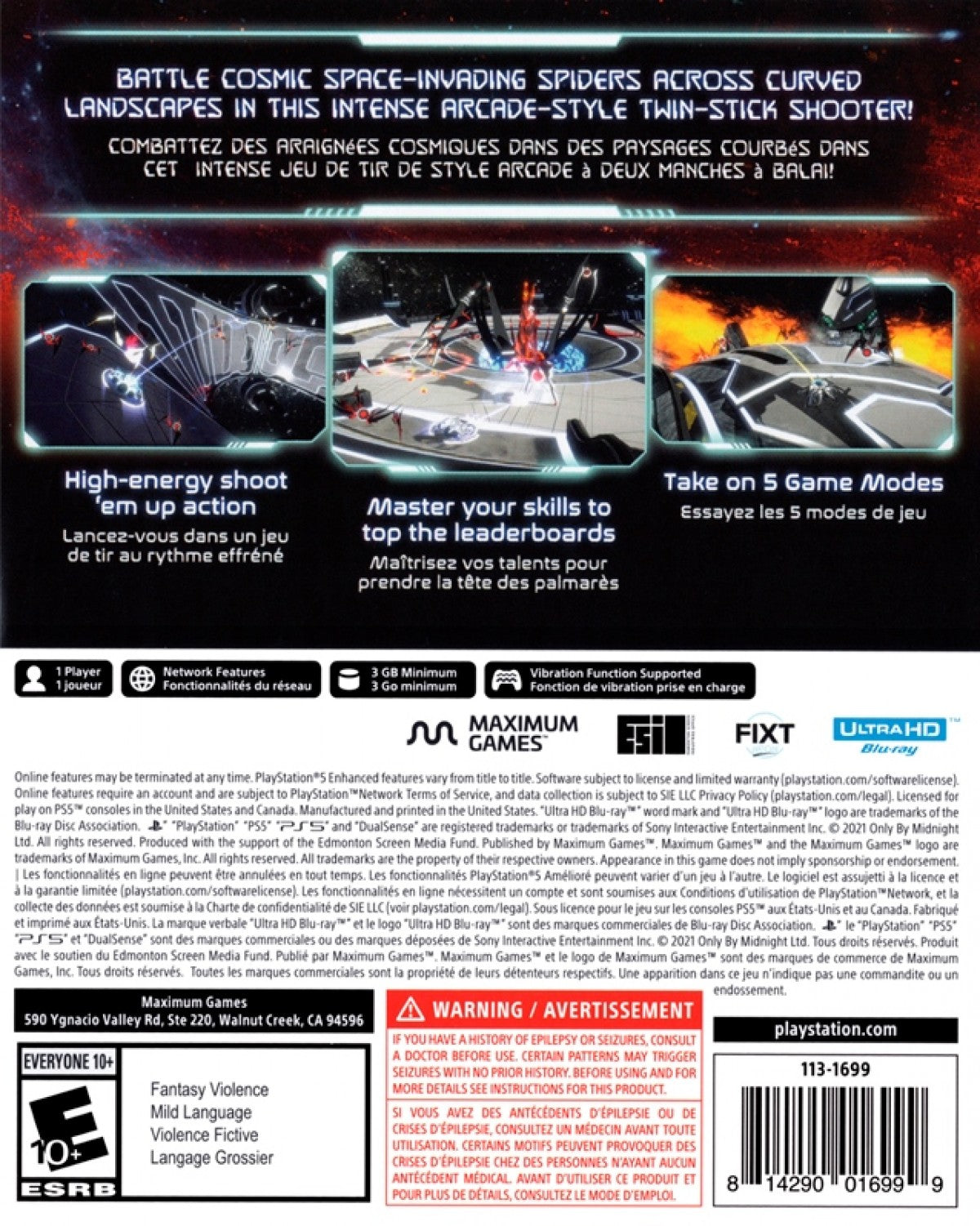 Curved Space PlayStation 5 arcade twin-stick shooter video game space spiders curved terrain interdimensional battles intense action synthwave soundtrack weapon power-ups campaign modes back cover