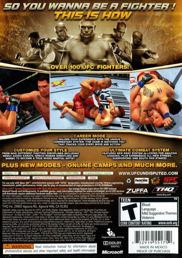 UFC Undisputed 2010 back of case for Xbox 360 (X360) mixed martial arts fighting video game