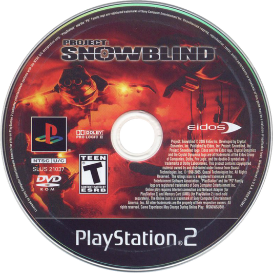 Project Snowblind PS2 PlayStation 2 first person shooter sci fi action game cybernetic combat futuristic warfare stealth and gunplay retro video game disc