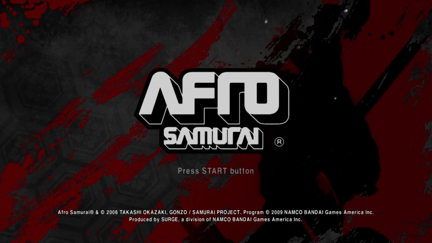 Title screen of 'Afro Samurai' with logo and text on a dark background