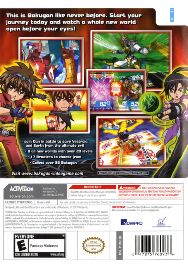 Bakugan: Battle Brawlers back cover art for Nintendo Wii (Wii) video game