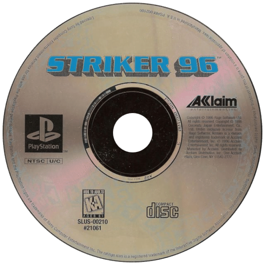 Striker '96 disc for PlayStation 1 (PS1) soccer sports video game
