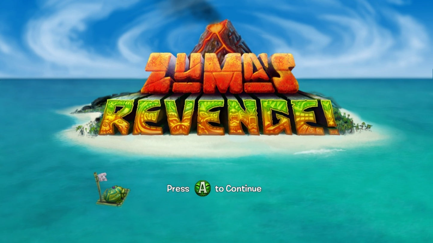 Zuma's Revenge start screen for Xbox 360 (X360) tile-matching puzzle video game