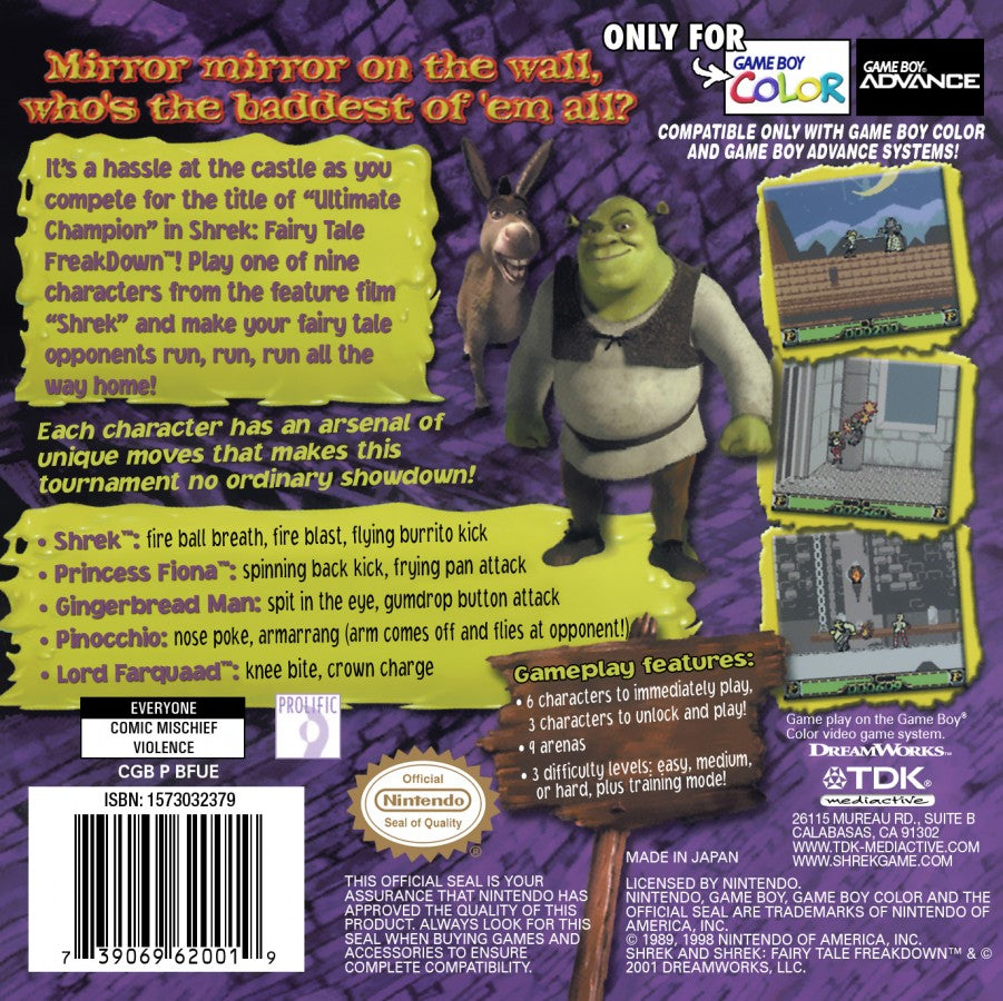 Shrek Fairy Tales Freakdown Game Boy Color GBC back of case featuring fairy tale inspired fighting gameplay colorful cartoon aesthetics playable Shrek universe characters fast paced one on one battles portable handheld gaming action classic Game Boy Color entertainment and collectible retro gaming appeal