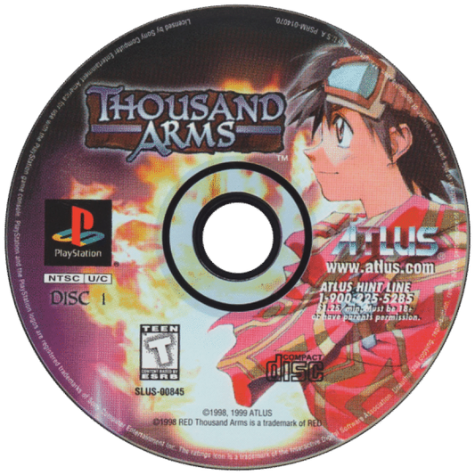 Thousand Arms PlayStation 1 PS1 turn-based RPG dating sim hybrid cel shaded anime style weapon forging system romance routes multiple endings disc art