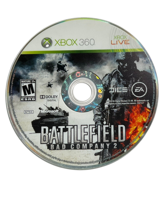 Battlefield: Bad Company 2 for Xbox 360 (X360) at Gamers INC, featuring the critically acclaimed military shooter known for its extensive environmental destruction, a character-driven single-player campaign, and a premier multiplayer experience where you engage in large-scale tactical warfare across diverse landscapes using a wide array of vehicles, weapons, and specialized soldier classes disc
