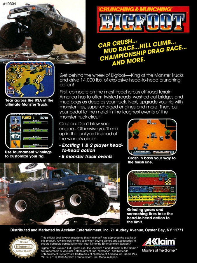 Bigfoot Nintendo Entertainment System NES for retro video game enthusiasts featuring monster truck racing gameplay off road competitions vehicle upgrades challenging tracks arcade style driving action classic 8 bit sports entertainment and collectible gaming appeal back cover