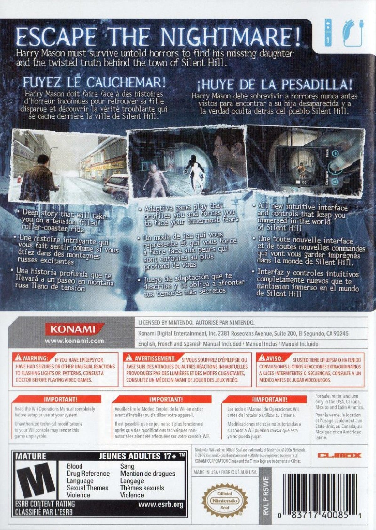 Silent Hill: Shattered Memories – Nintendo Wii (Wii) psychological horror adventure survival video game back of case