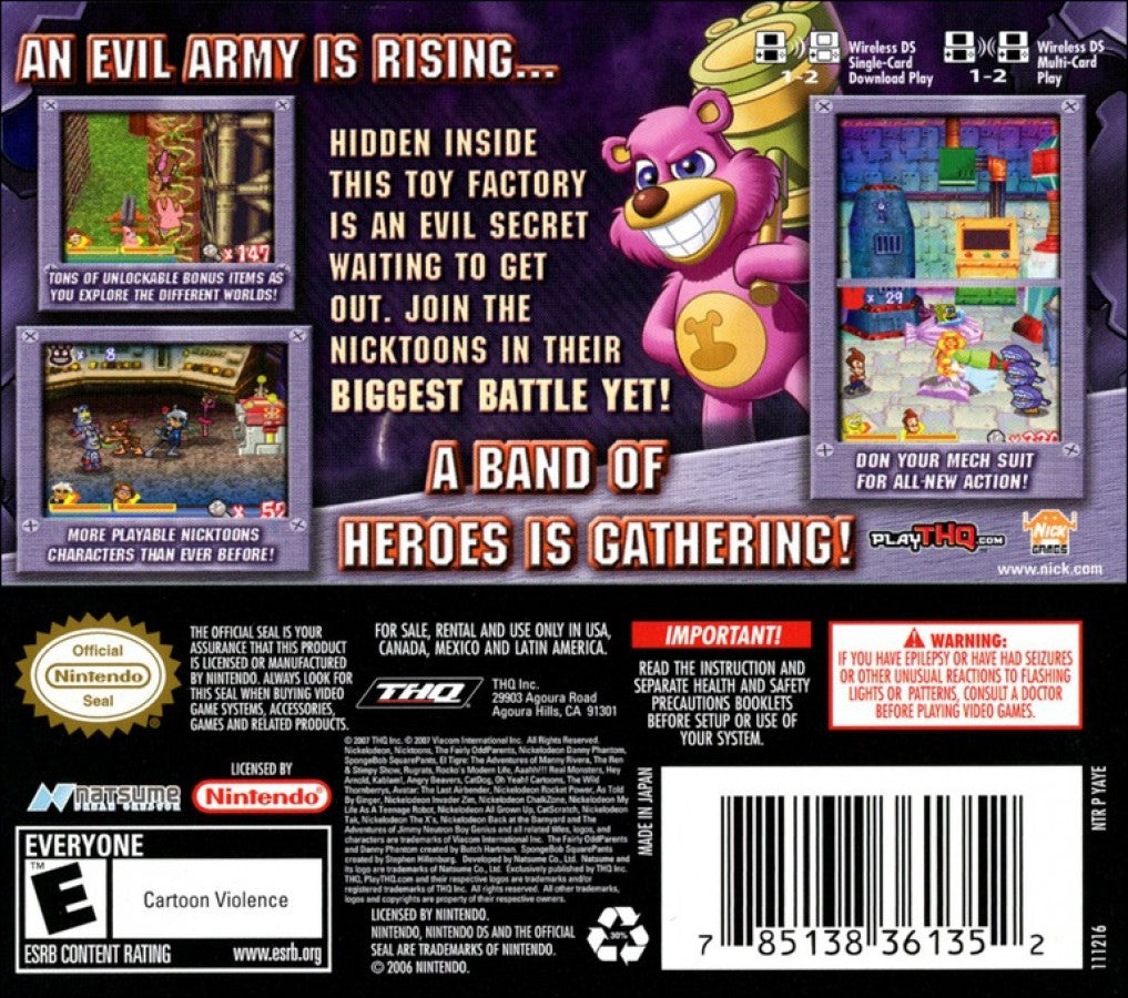 Nicktoons: Attack of the Toybots back of case for Nintendo DS (DS) cartoon action adventure video game